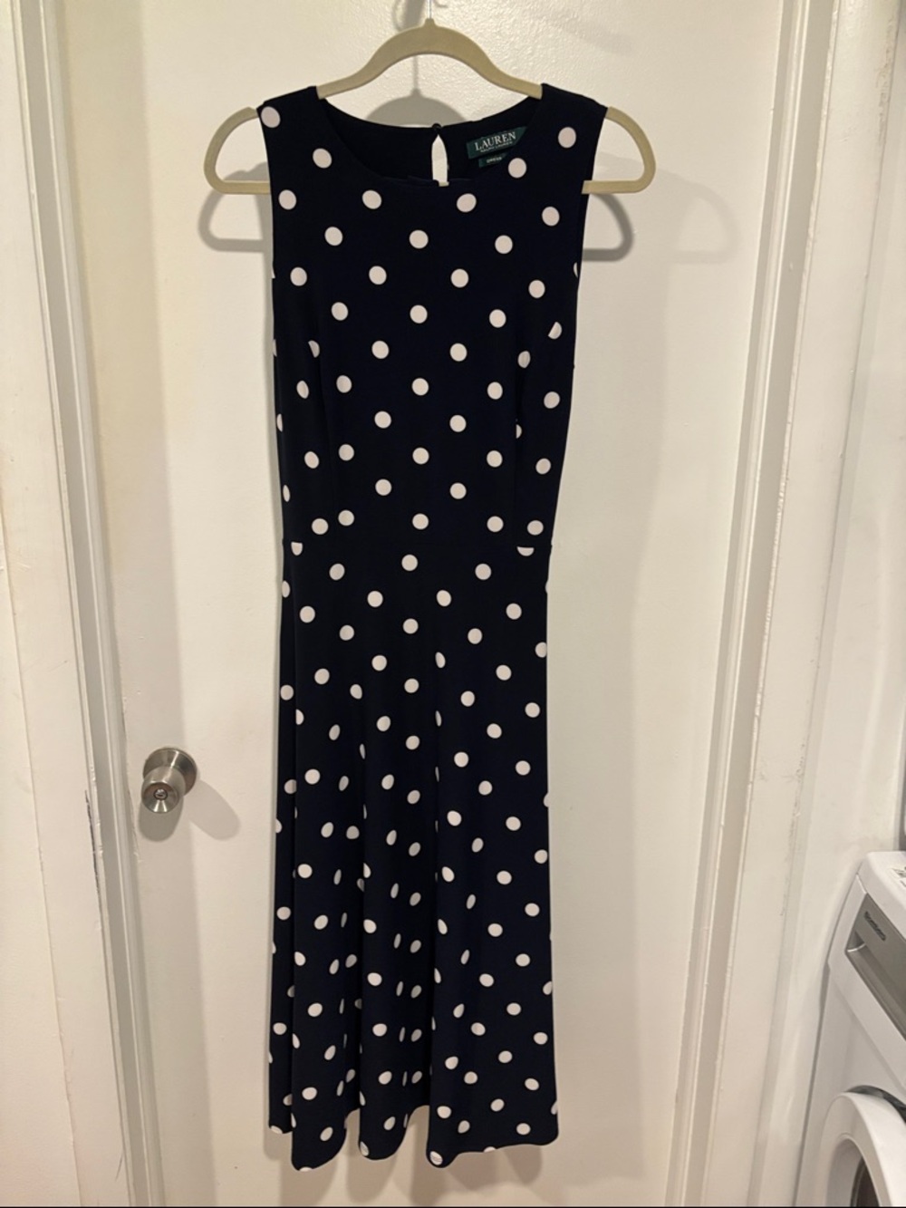 Lauren Ralph Lauren Navy and White Polka Dot Sleeveless Midi Dress